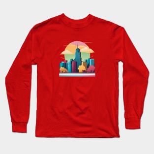 t-shirt design, colorful city skyline with buildings and clouds, vector art Long Sleeve T-Shirt